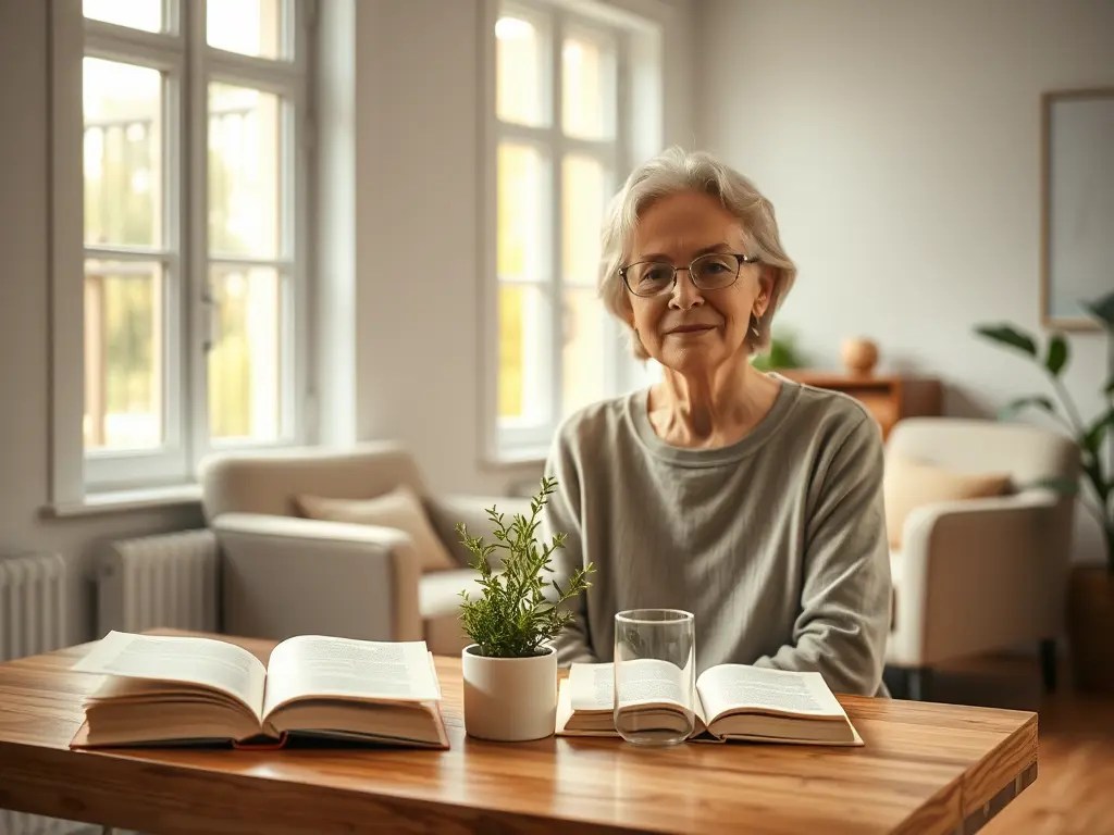 Minimalistischer Raum mit wenigen, hochwertigen Gegenständen, von einer Person ab 50 entrümpelt, für mehr Gelassenheit durch bewussten Konsum.