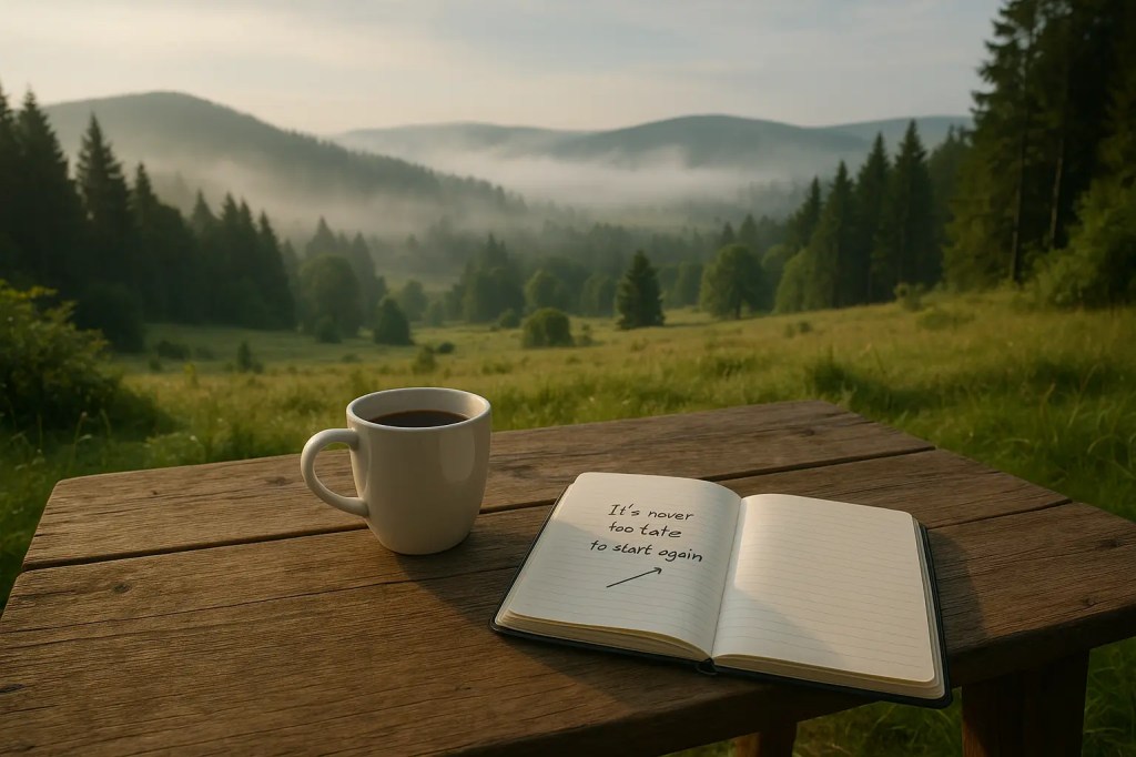 Tasse Kaffee und Notizbuch mit der Aufschrift „It’s never too late to start again“ auf einem Holztisch vor nebelverhangener Hügellandschaft am Morgen