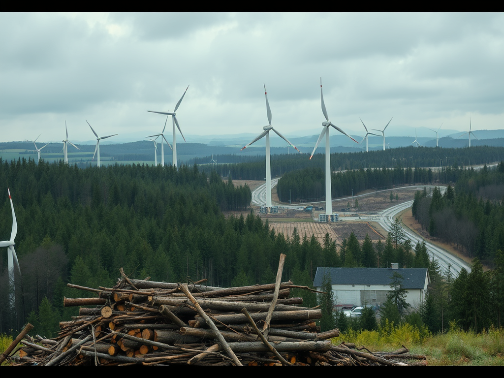 Windräder über gerodetem Wald in Mittelfranken, mit Betonfundamenten und Holzstapel – Windmühlen statt Wälder.