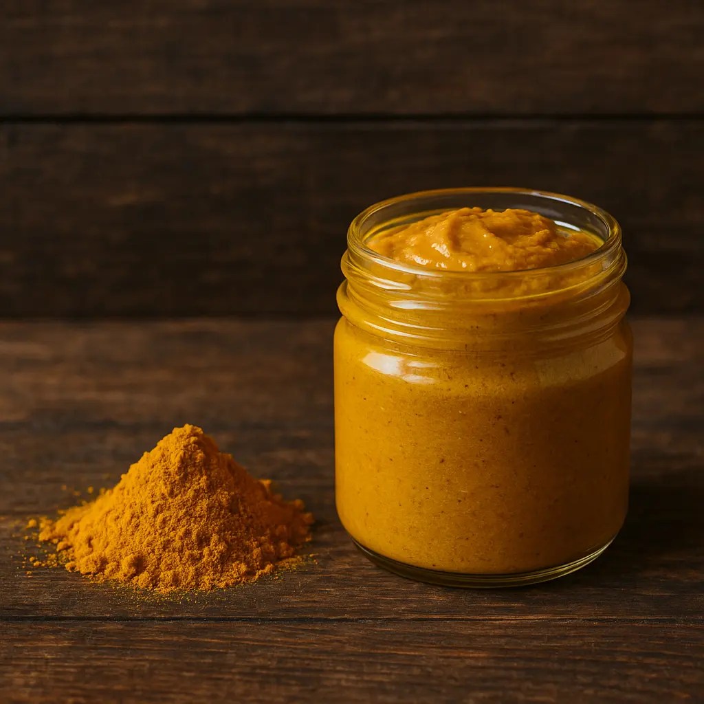 Ein Glas mit goldener Kurkuma-Paste steht auf rustikalem Holz, daneben ein Häufchen Kurkumapulver.