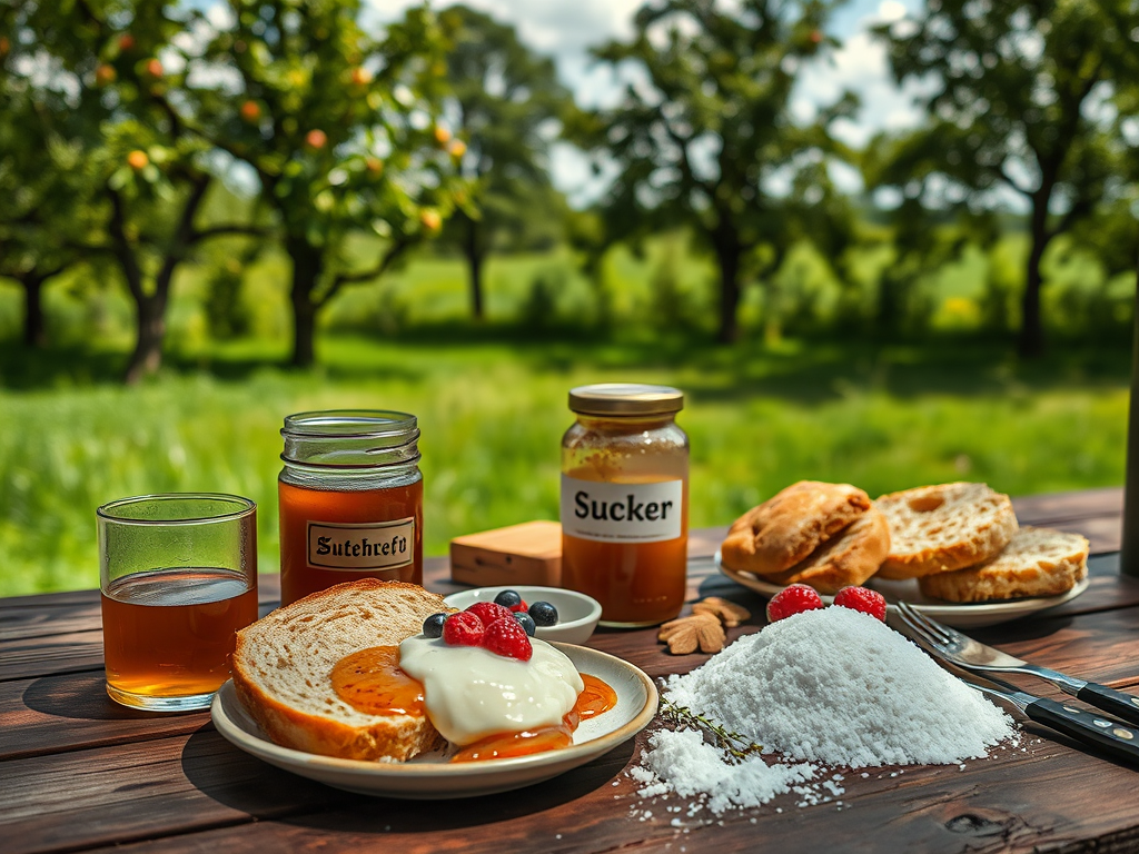 Rustikaler Holztisch mit selbstgemachtem Apfeldicksaft, Brennnessel-Brot und Joghurt mit Beeren, kontrastiert mit einem offenen Glas Fertigmarmelade voller Zucker und Zuckerkristallen, im Hintergrund Apfelbäume im Pilsener Böhmerwald.