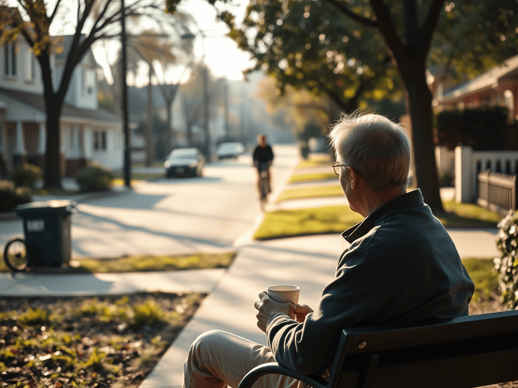 A peaceful Sunday morning scene showing a person with coffee on a bench, observing disrespect in everyday life – a neighbor’s car nearly hits a cyclist, and trash is misplaced, highlighting the need for Respekt im Alltag.