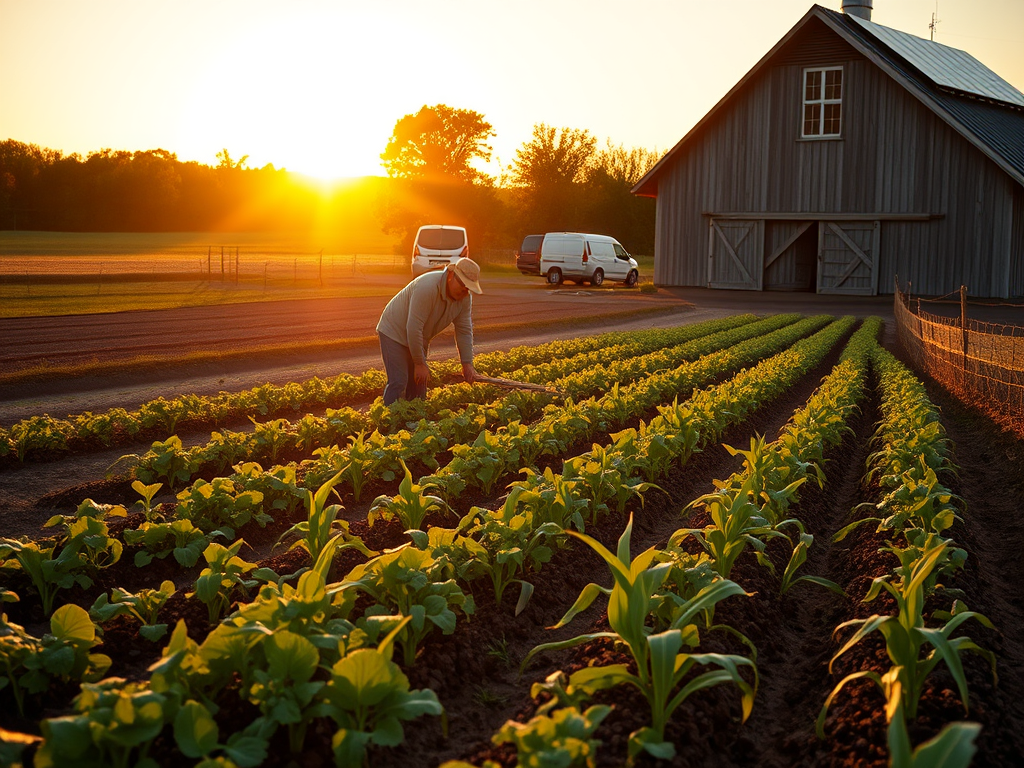 Bauer auf Feld mit Mischkultur, Biogasanlage und Solarpaneelen auf Stall unter Sonnenuntergang – nachhaltige Energiewende mit Biogas.