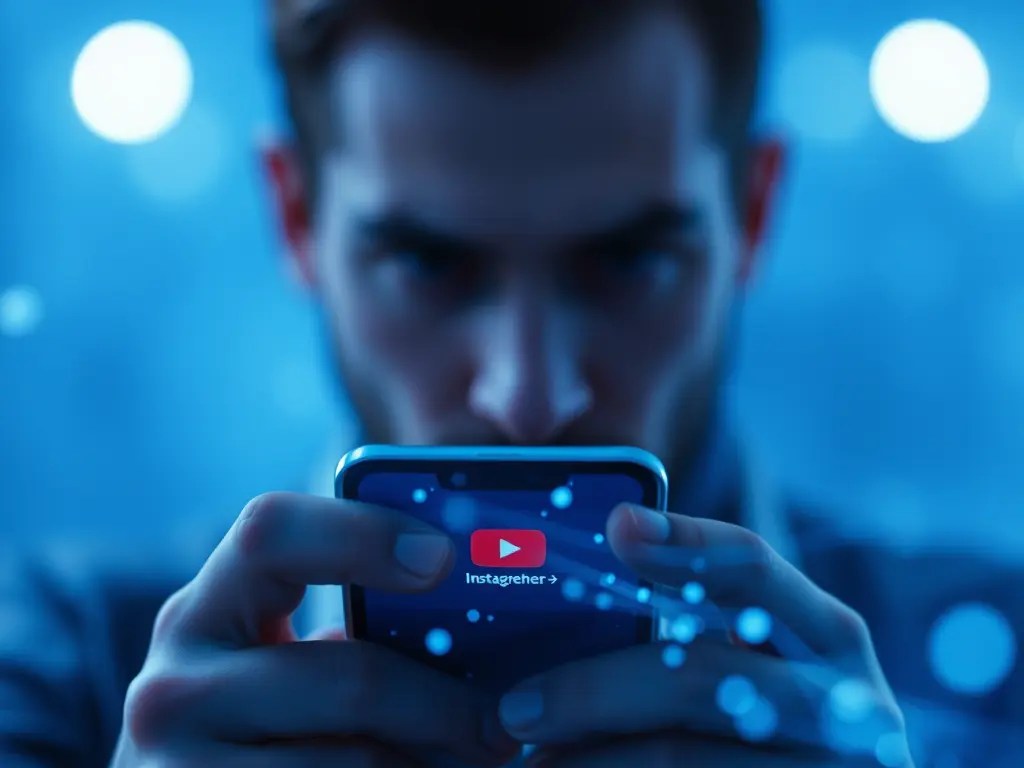 Smartphone-Bildschirm mit Instagram- und YouTube-Icons, im Hintergrund leuchtende Datenströme, die von einem unsichtbaren Dirigenten gelenkt werden.