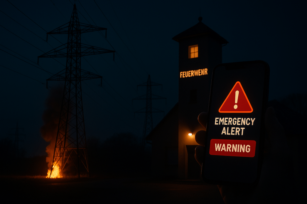 Nachts brennender Hochspannungsmast, davor ein Leuchtturm mit Feuerwehr-Schild und ein Smartphone mit Warnmeldung – Symbol für Blackout, Warntag und Krisenvorsorge.