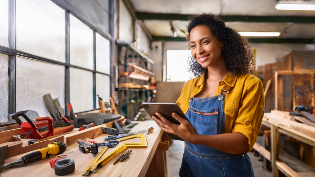 Frau nutzt Tablet in der Werkstatt, Symbol für moderne Handwerkskarriere