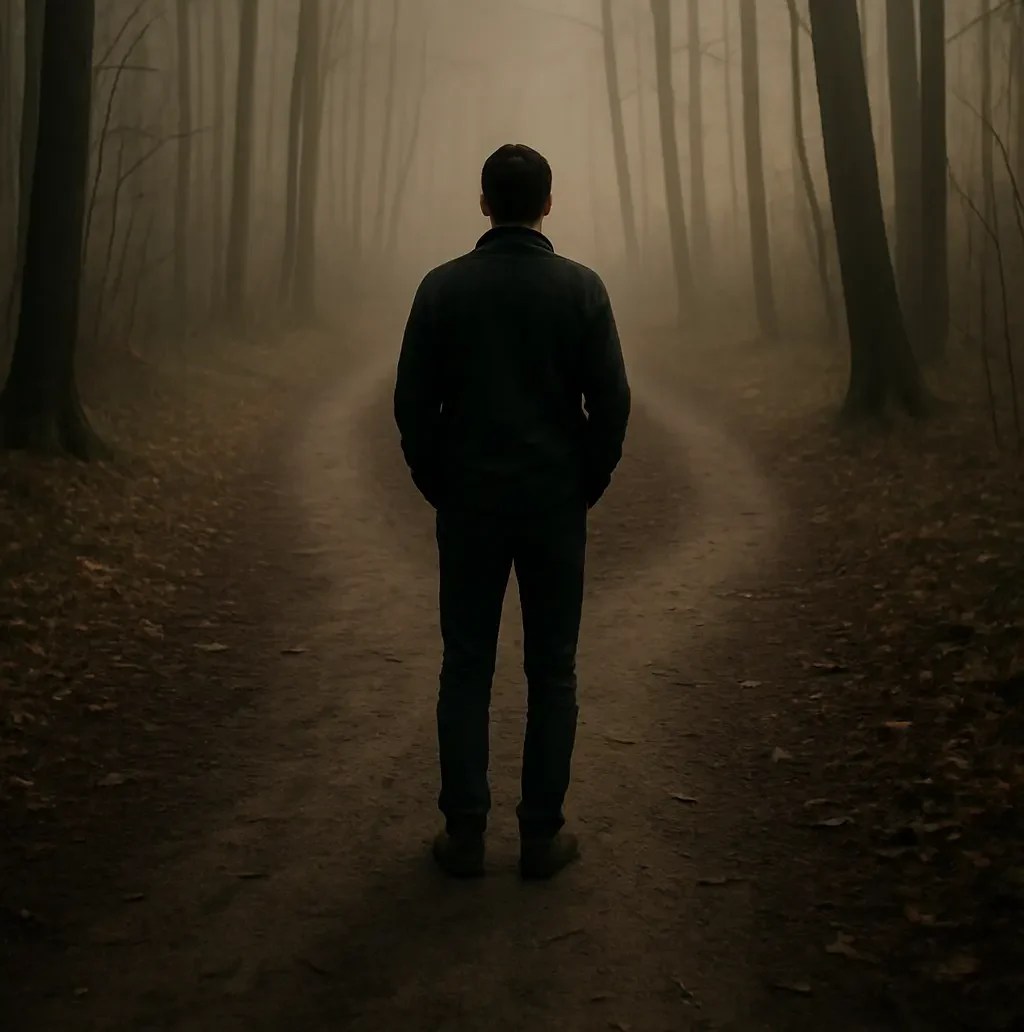 Ein Mann steht im dusteren Wald