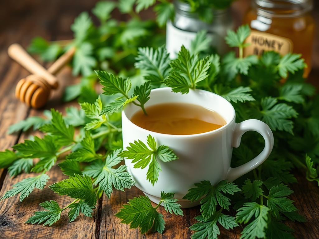 Frische Brennnesselblätter in einer Tasse für entgiftenden Tee