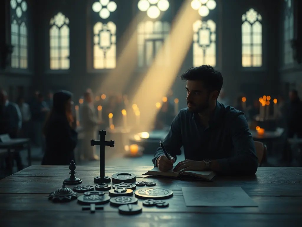 Ein Tisch mit religiösen Symbolen in einem Raum, während draußen eine Menge Kerzen hält, zeigt Achtsamkeit gegenüber Religionen.