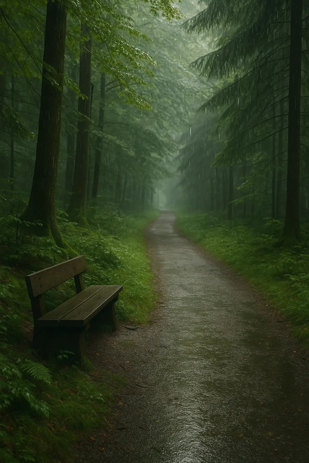 Ein sanft verregneter Waldweg, von dichtem Grün umgeben, in ruhigem Morgenlicht – Sinnbild für Achtsamkeit und bewusste Wahrnehmung.