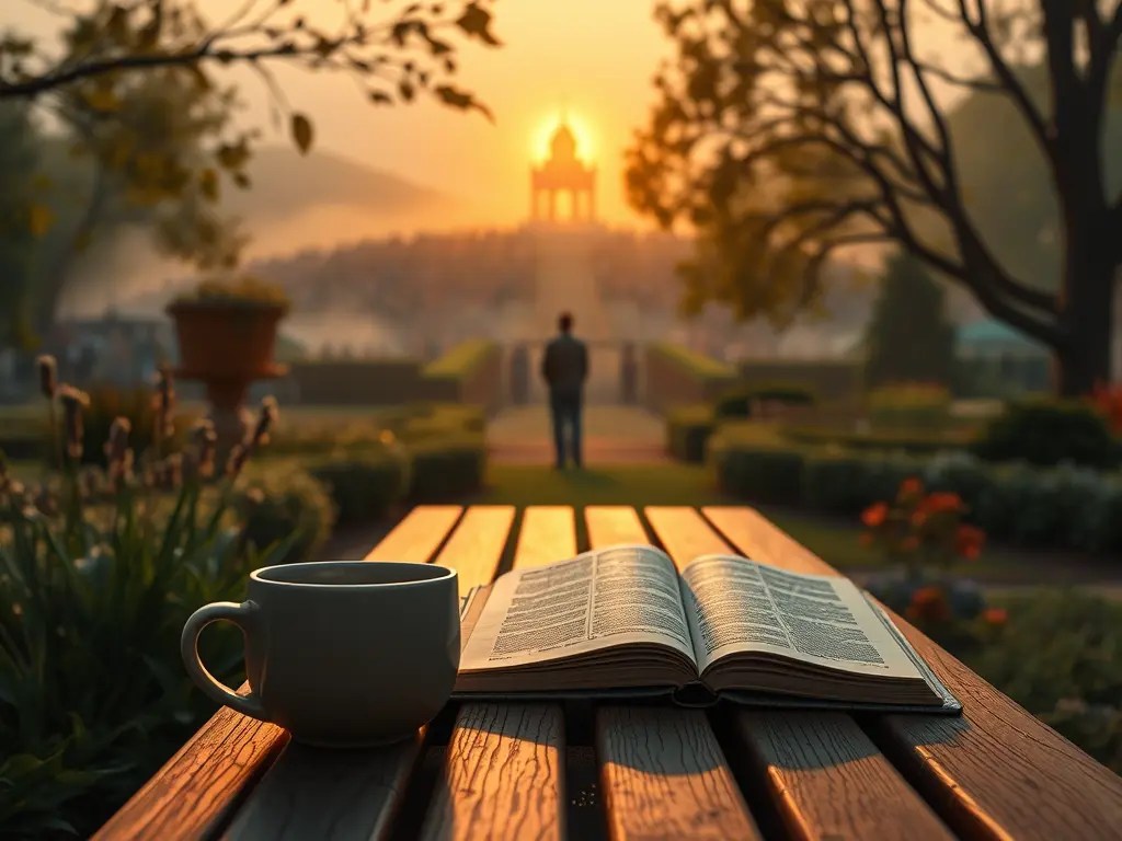Eine Gartenbank mit Kaffee und Notizbuch im Vordergrund, während im Hintergrund eine Menschenmenge ein religiöses Symbol umgibt, symbolisiert Achtsamkeit gegenüber Religionen.