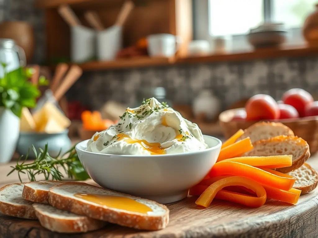 Frischkäse auf einer rustikalen Holzplatte mit Honig garniert.