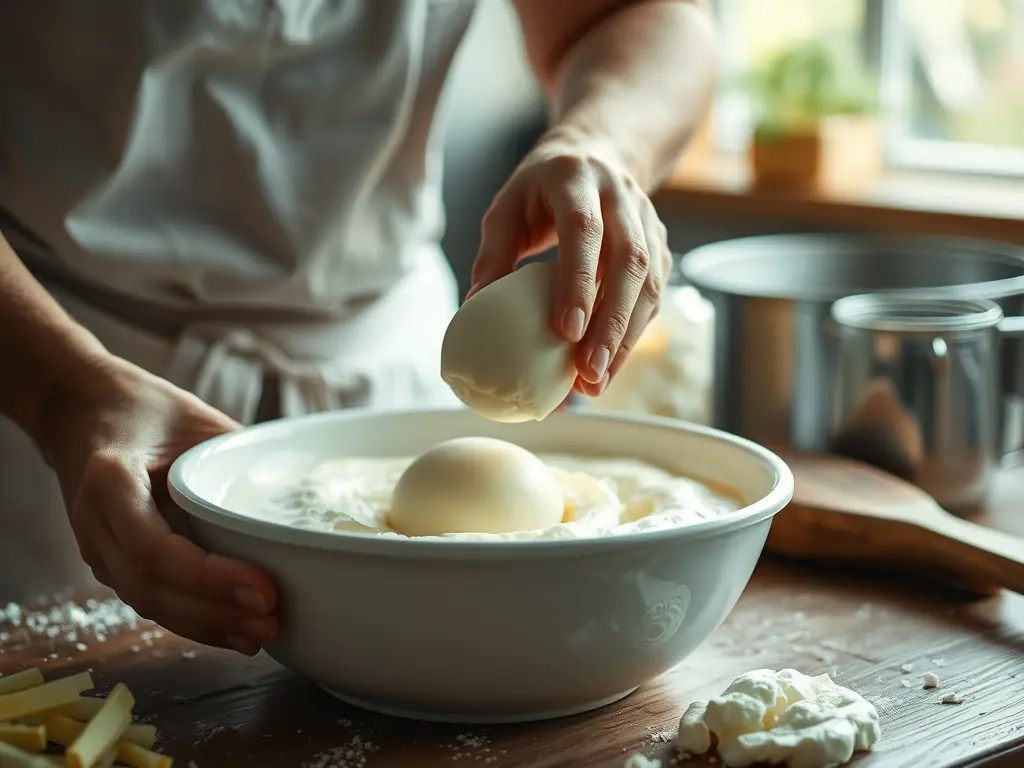 Person formt Mozzarella und Frischkäse in einer Küche, mit Schnittlauch und Molke für Ricotta, traditionelle Käseherstellung.
