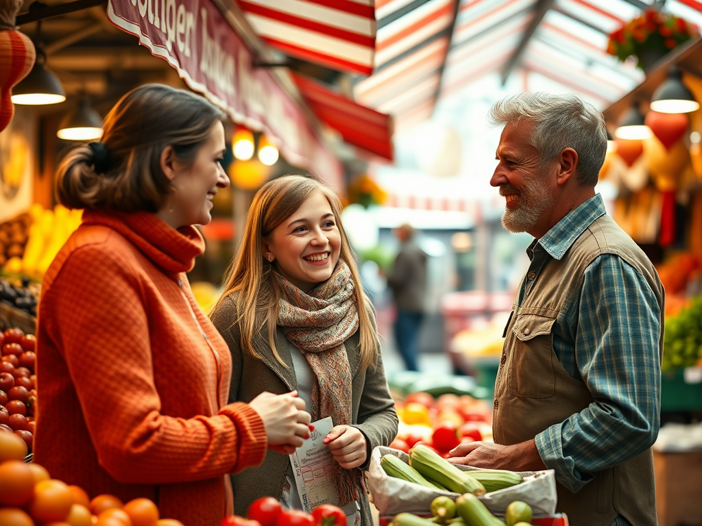 Bild für Blogpost: Eine deutsche Familie kauft auf einem traditionellen Markt frische Produkte von einem lokalen Verkäufer – Integration beim Auswandern.