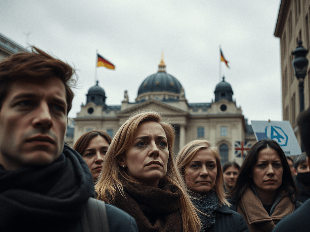 Gruppe von Menschen in einer urbanen Umgebung mit frustrierten und gleichgültigen Gesichtern vor dem deutschen Parlament, unter einem grauen Himmel. Konformität statt Achtsamkeit in der Gesellschaft