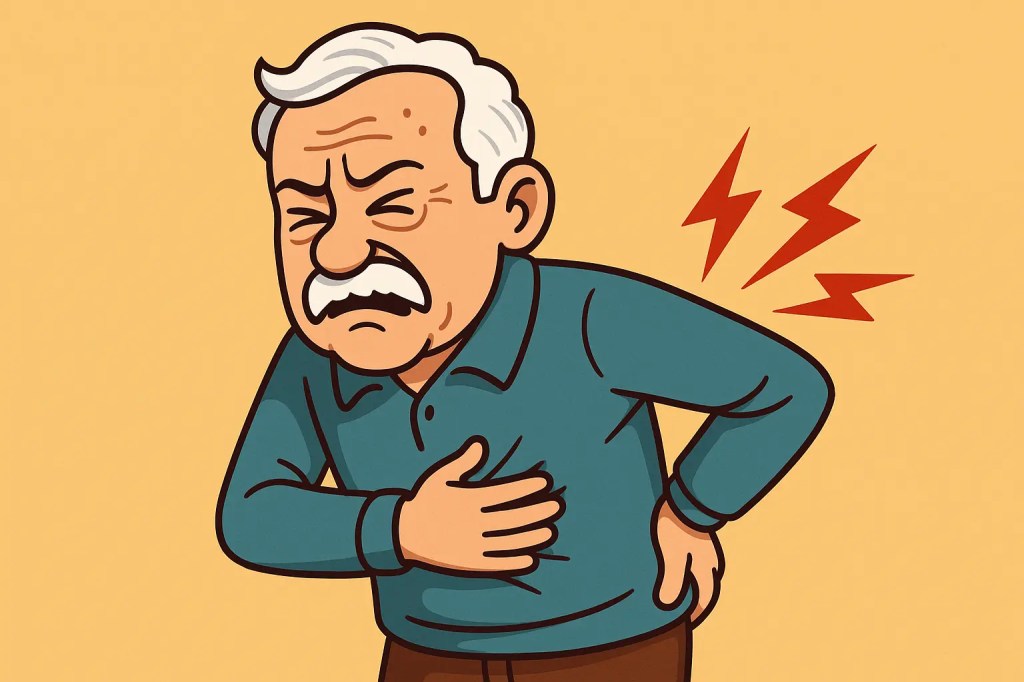 Älterer Herr hält sich schmerzverzerrt den Rücken.