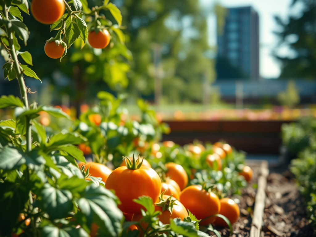Nachhaltiger Gemüseanbau im Stadtgarten mit Tomaten und Grünzeug, Schatten eines Konzerngebäudes im Hintergrund