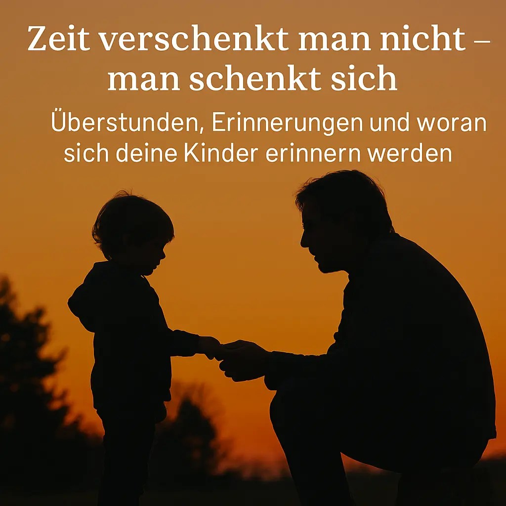 Vater und Kind im Sonnenuntergang, Hand in Hand – Symbol für gemeinsame Zeit und Erinnerung.