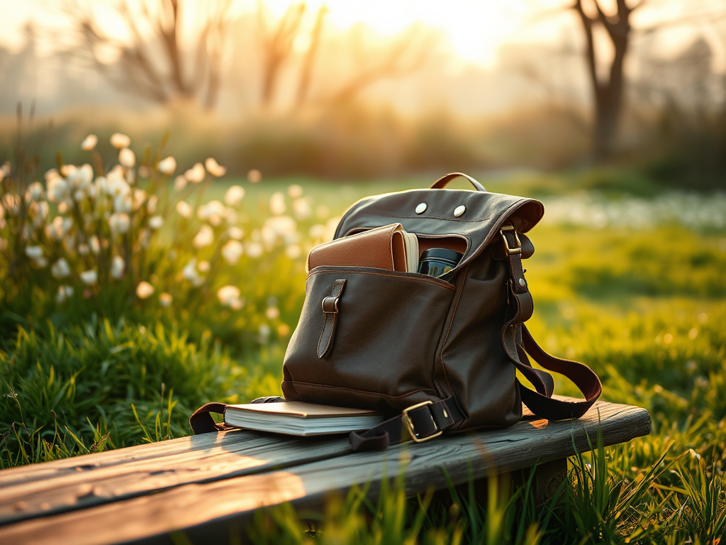 Ein alter Lederrucksack auf einer Holzbank in einer ruhigen Frühlingslandschaft bei Sonnenaufgang, mit Notizbuch und Kaffeebecher.