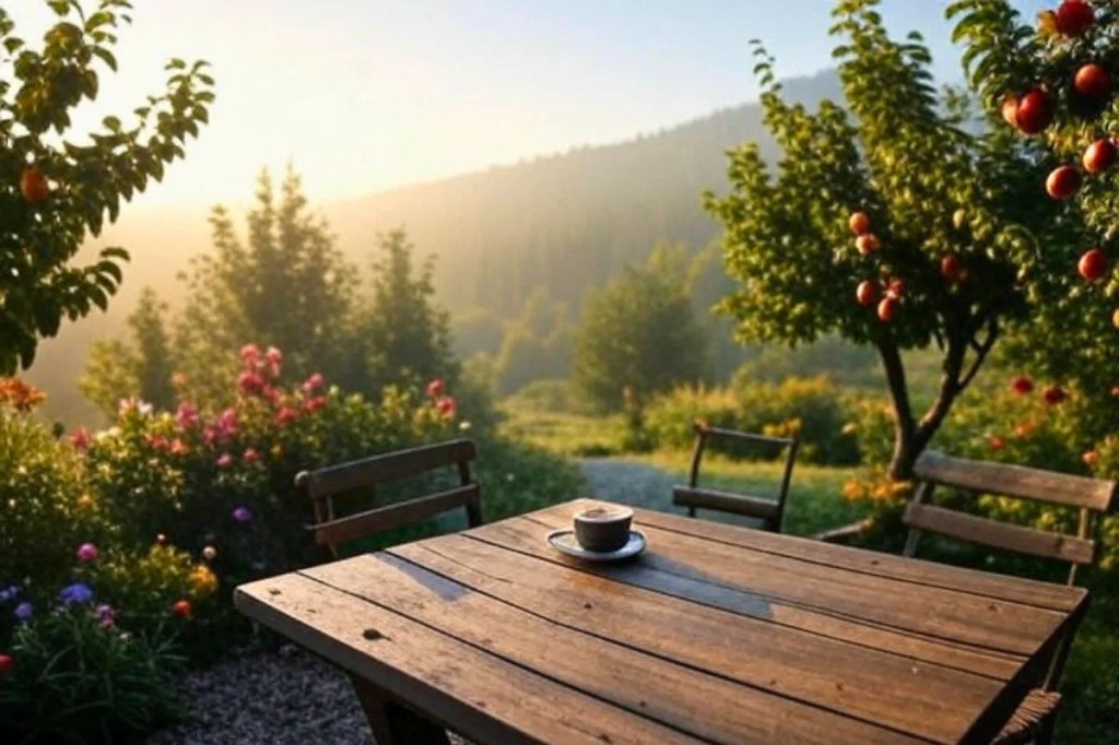 Eine Tasse Kaffee steht auf einem rustikalen Holztisch auf einer Terrasse, umgeben von einem verwilderten Garten mit Obstbäumen, Blumen und einem geschotterten Weg, der in einen nebligen Wald führt.