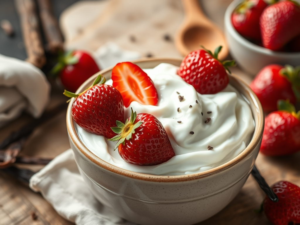Ceramic bowl with homemade yogurt, fresh strawberries, and vanilla seeds in a rustic kitchen