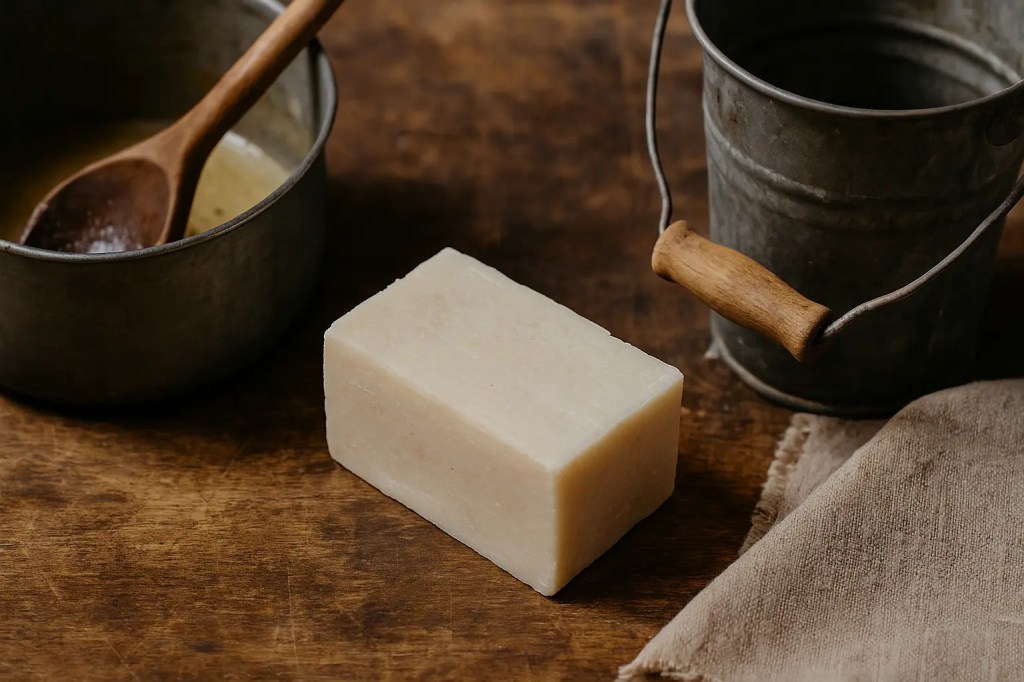 Ein Stück Kernseife mit einem Eimer, einer Schüssel mit Löffel nd einem Leinentuch vor rustikalem Hintergrund