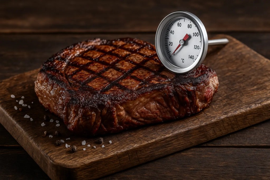 Ein gebratenes Steak auf einem rustikalen Holzbrett mit Fleischthermometer