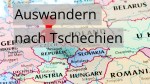 Landkarte Osteuropas mit einer Stecknadel in Tschechien. Mit dem Text Auswandern nach Tschechien