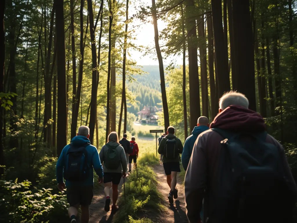 Wanderer auf einem Waldweg im Pilsener Böhmerwald mit Schild nach Domažlice.