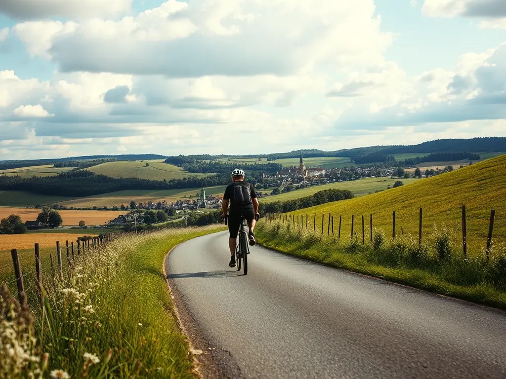Radfahrer auf einer Landstraße im Pilsener Böhmerwald mit Stříbro im Hintergrund.