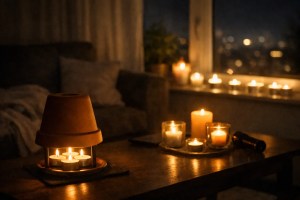 Teelichter in einem dunklen Wohnraum während eines Stromausfalls – Teelichtofen als diskutierte Notlösung