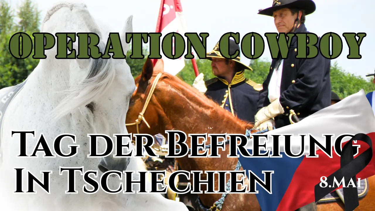 Titelbild zum Thema Operation Cowboy am Tag der Befreiung in Tschechien (8. Mai), das einen weißen Lipizzaner und Reiter in historischen US-Kavallerieuniformen zeigt.